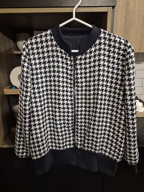 Women's Navy and White Houndstooth Bomber Jacket